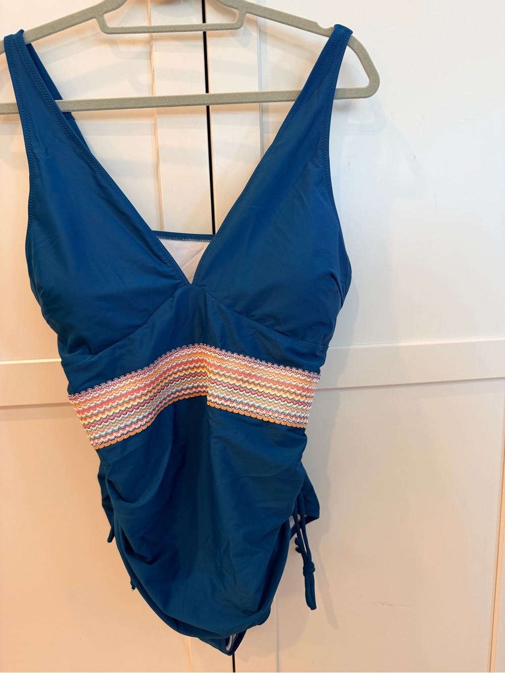 Women’s Blue One-Piece Swimsuit with Multicolor Waistband